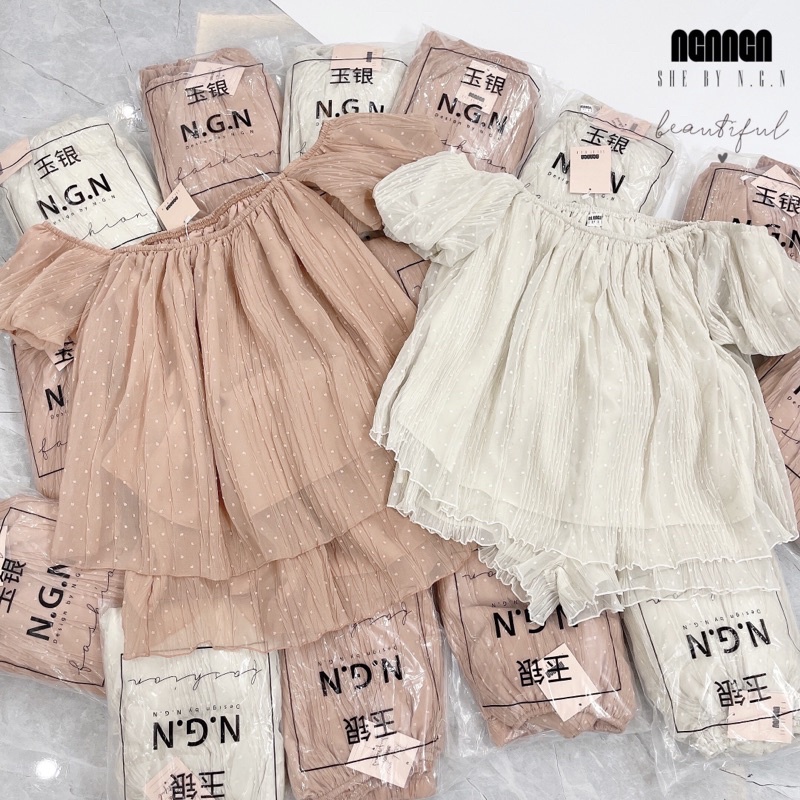 SNU360 - SET ĐÙI NỮ TRỄ VAI REN HẠT MIX SOOC 2 LỚP