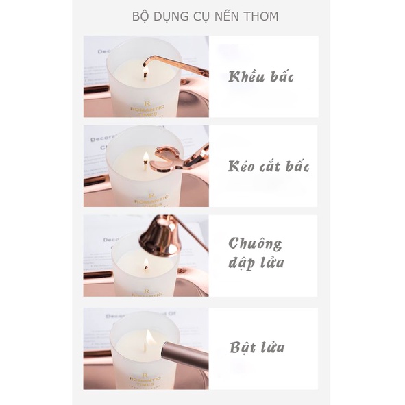 Bộ Phụ Kiện 5 Món Chăm Sóc Nến Thơm Love Flame Gồm Khay, Chụp, Kéo, Khều, Thắp Nến USB. Bộ 4, 5 món tặng túi phụ kiện