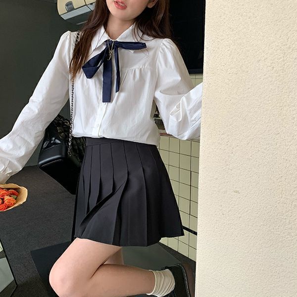 Áo sơ mi màu trơn dài tay thắt nơ xinh xắn thời trang Hàn Quốc cho nữ