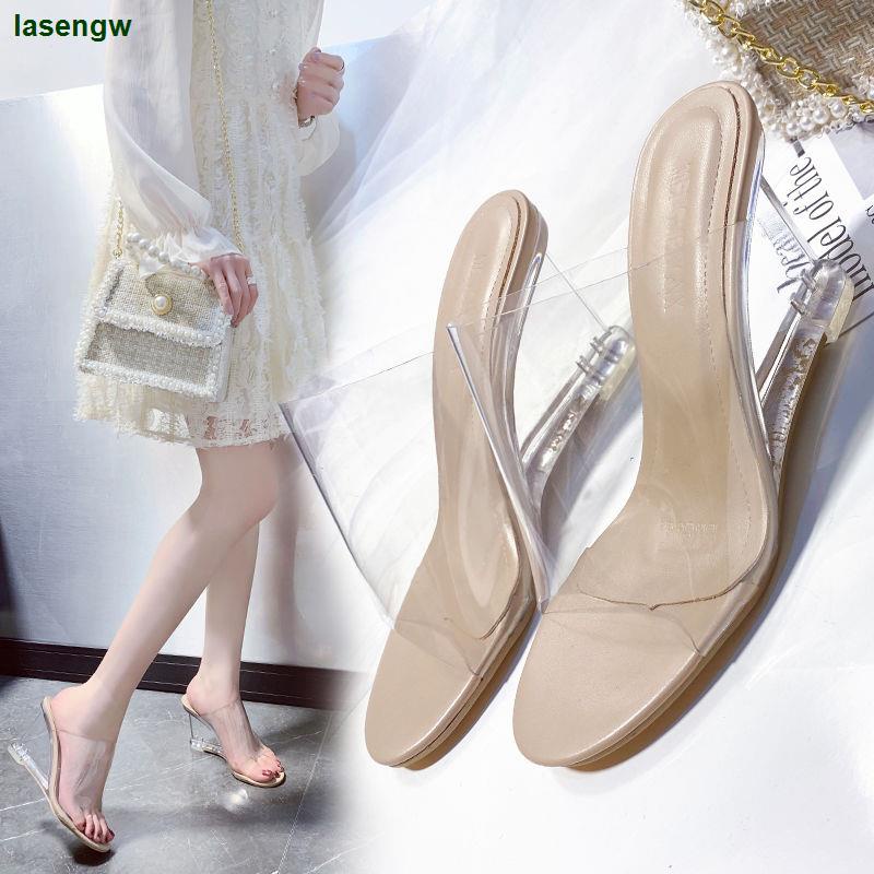 Dép sandal cao gót hở mũi quai trong suốt phong cách thời trang cho nữ