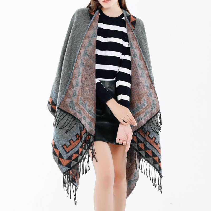 Khăn Choàng Poncho Tua Rua Họa Tiết Hình Học Nhiều Màu Sắc Phong Cách Vintage Dành Cho Nữ