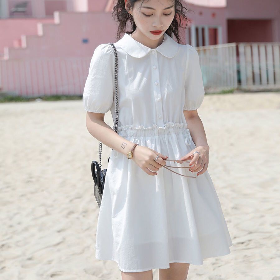 Women's 2022 New Summer Korean Style White Shirt Waist-Tight Slimmer Design Lace-up Mid-Length Dress