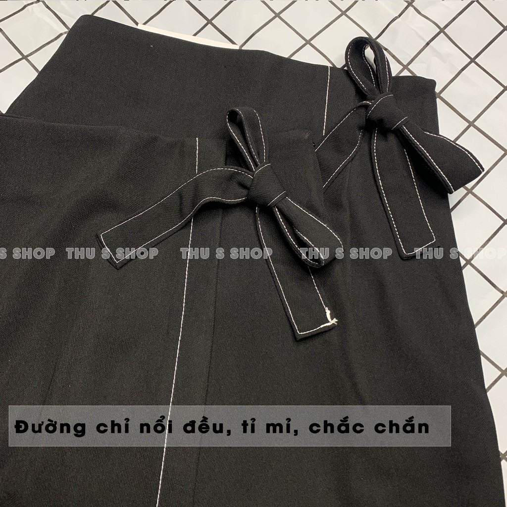 Chân váy kiểu nữ đính nơ eo viền chỉ nổi THUS, Váy chữ A dáng ngắn điệu đà tiểu thư THUS517