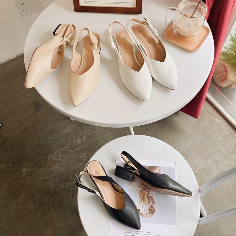 Giày nữ đế bệt nơ xinh xắn bít mũi tim cao 2cm dáng slingback khuyết eo thời trang tinh tế thanh lịch