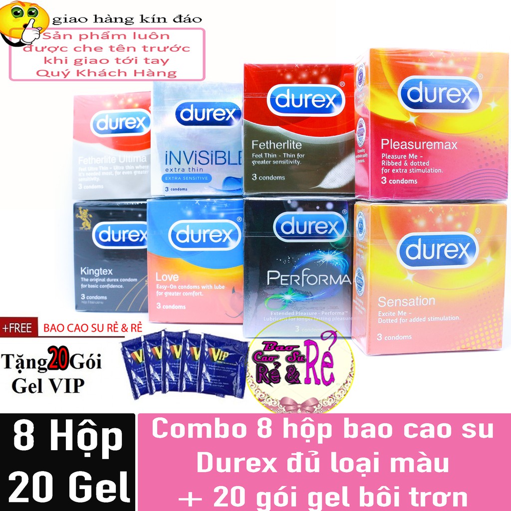 [DEAL HOT] Combo 8 Hộp Bao Cao Su DUREX tùy chọn như hình. 20 Bao Gel Bôi Trơn V.I.P