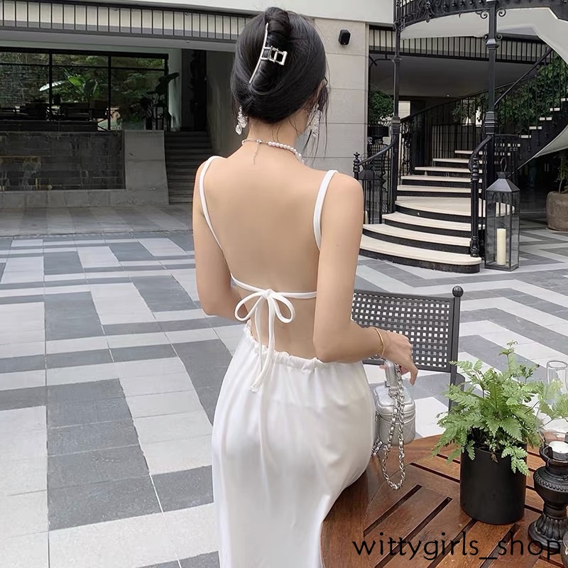 Wittygirls_shop | Đầm Dài Không Tay Cổ Chữ U Hở Lưng Một Mảnh Màu Trắng/Đen Thời Trang Mùa Hè Cho Nữ