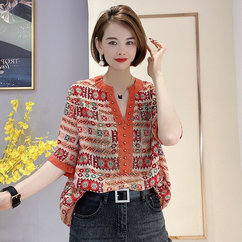 Áo Cổ Chữ v Dáng Rộng In Họa Tiết Kim Cương Sành Điệu Cho Nữ