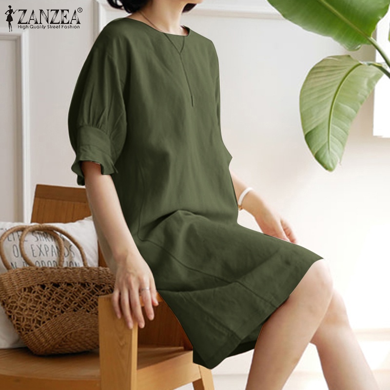 Zanzea Đầm Mini Tay Lửng Ống Loe Cổ Tròn Thời Trang Dành Cho Nữ