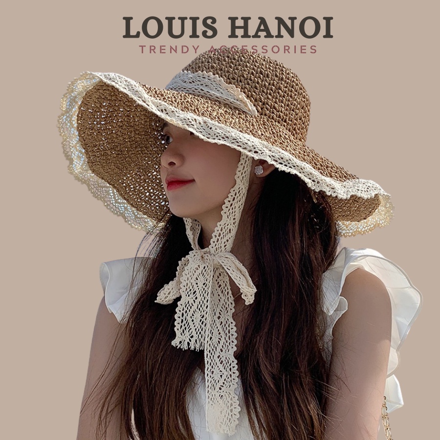 Nón Cói, Mũ Cói Đi Biển Rộng Vành Phối Ren (Có Dây Ren Buộc Dưới Cằm) Phong Cách Vintage Louis Hanoi