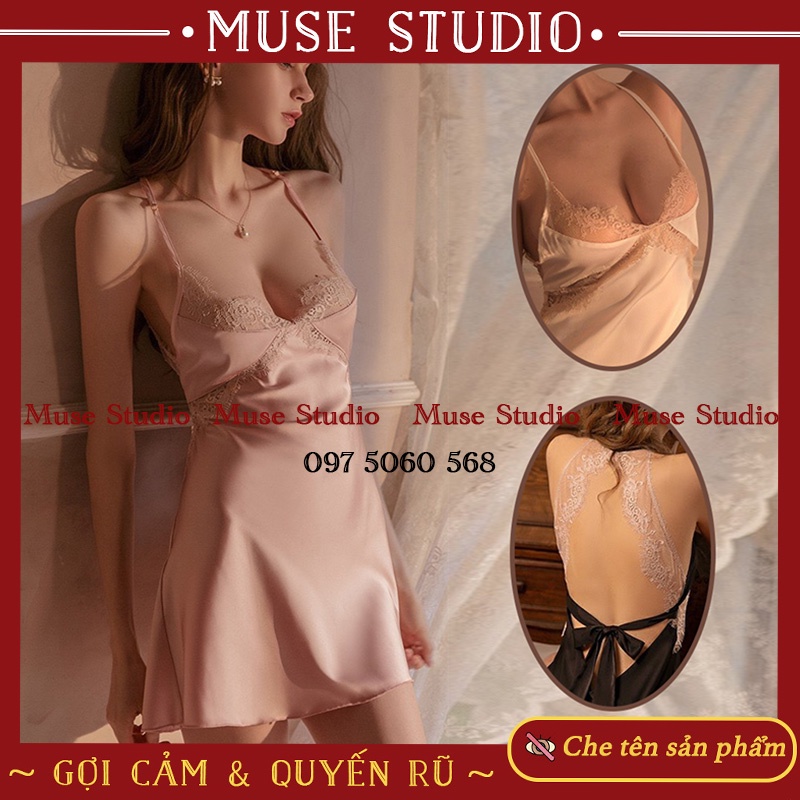 váy ngủ sexy, đầm ngủ hai dây gợi cảm phối ren ngực buộc nơ lưng quyến rũ - MUSE STUDIO MS005