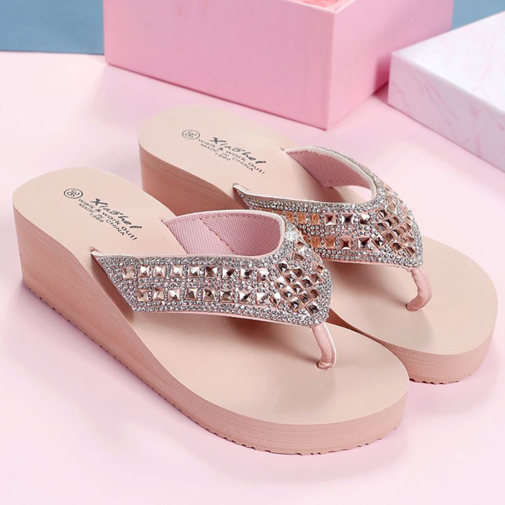 Dép xỏ ngón nữ đính đá sang trọng tăng chiều cao chống trơn trượt thời trang cao cấp DN16