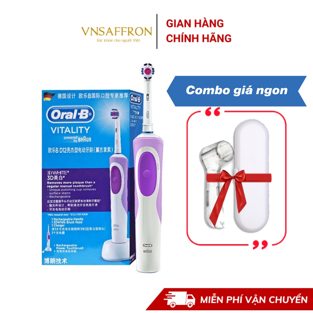 Bàn chải điện đánh răng tự động Oral-B D12 tím làm sạch răng, hạn chế viêm nướu kèm big combo quà tặng