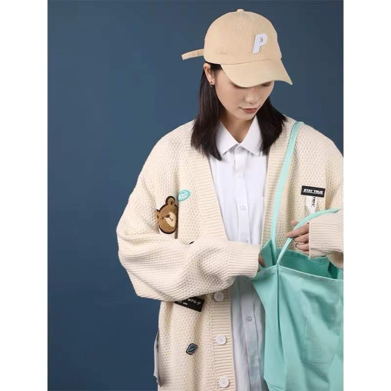 Áo Khoác Cardigan Cổ V Freesize Thêu Hình Gấu ( Có sẵn bao chất đẹp)