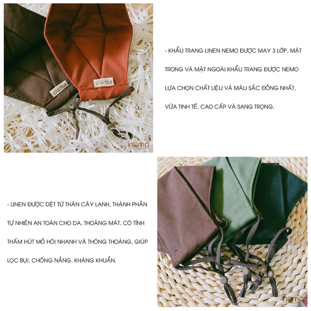 Khẩu Trang Linen 3 Lớp 4D Cao Cấp NEMO, Lọc Bụi, Chống Nắng, Kháng Khuẩn, Bộ Sưu Tập Tone Màu Vintage - KTLMT