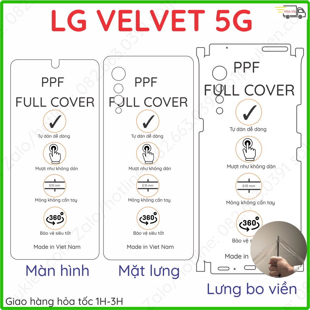 Dán PPF LG Velvet 5G loại trong, nhám dành cho màn hình, mặt lưng, full viền
