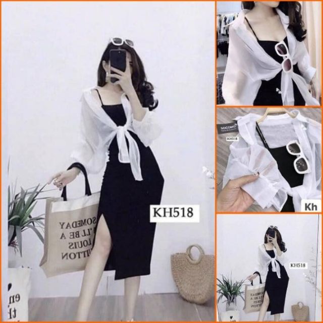 set váy 2 dây body & áo sơ mi choàng ( hàng đẹp )