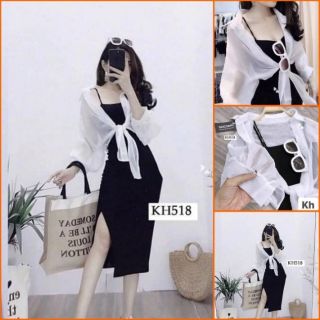 Set váy 2 dây body & áo sơ mi choàng