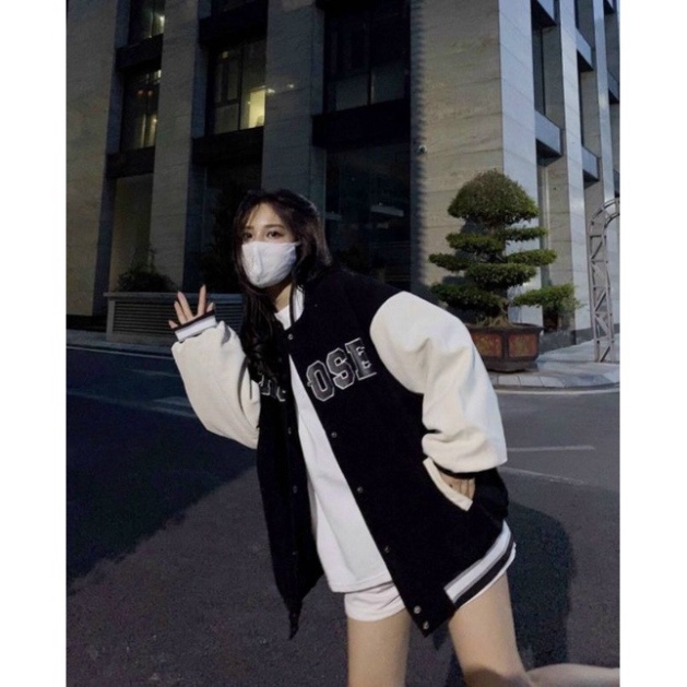 Áo khoác bomber kaki nhung gân unisex in hoạ tiết phối màu kiểu Mới nhất đen &amp; kem phong cách hàn