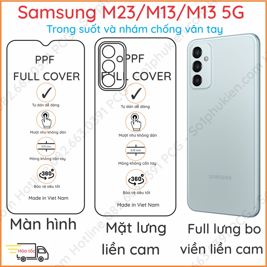 Dán PPF Samsung M23 / M13 / M13 5G loại trong, nhám dành cho màn hình, mặt lưng liền cam, full lưng bo viền liền cam