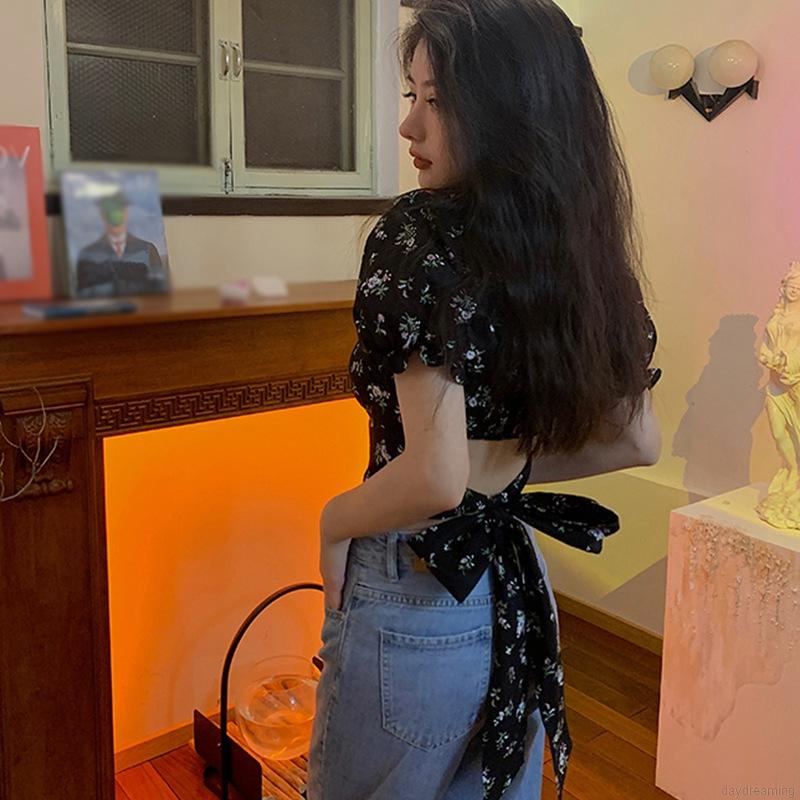 Áo Sơ Mi Nữ Áo Croptop Áo Thun Cổ Vuông Tay Phồng Cổ Vuông Hở Lưng In Họa Tiết Hoa Quyến Rũ Cho Nữ