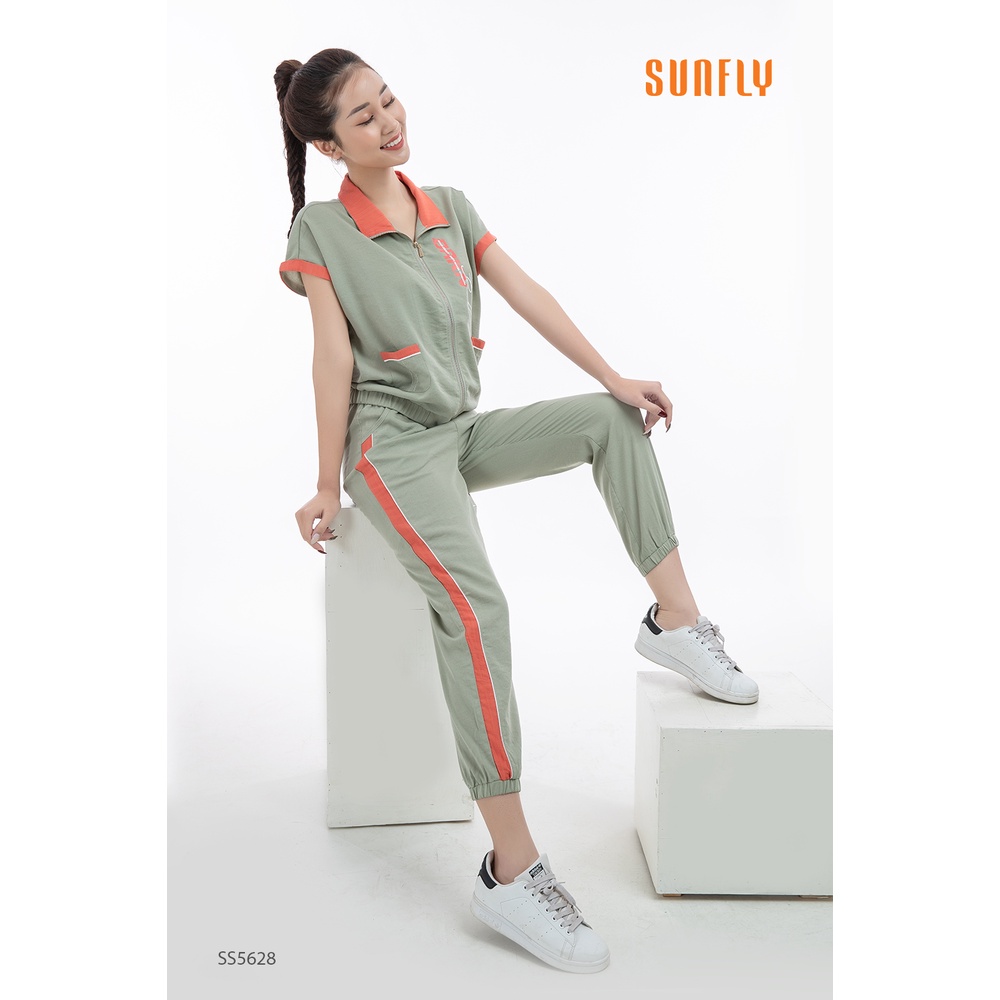 Bộ đồ mặc nhà nữ thể thao đũi SUNFLY kéo khóa áo cộc, quần dài SS5628