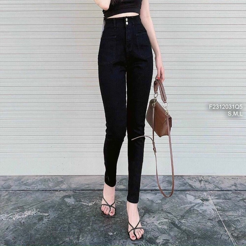 Về sll 🌺 Quần jean đen dài ôm lưng cao 2 nút đắp hai túi vuông trước! HÀNG VNX