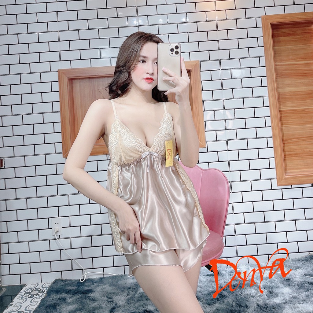 Đồ ngủ sexy bigsize nữ bộ gồm áo 2 dây không mút và quần đùi chất lụa phi phối ren dễ thương gợi cảm DN1