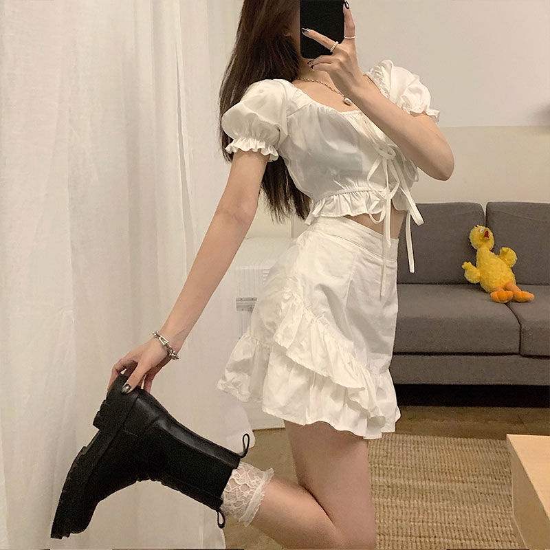 Áo sơ mi ngắn tay áo sơ mi A-Line Bộ quần áo thời trang nữ cạp cao màu trắng Ruffle