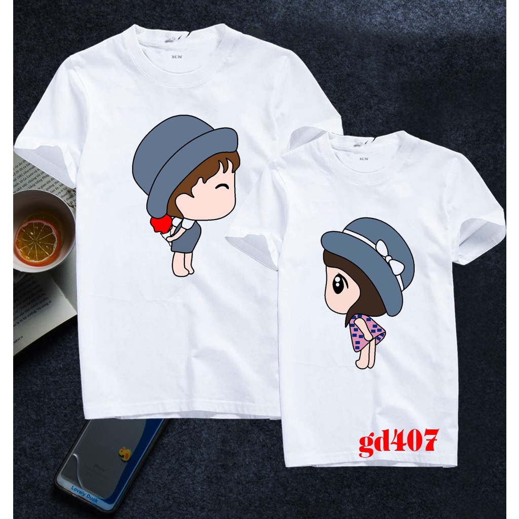 Áo thun cặp tình nhân nam nữ chibi đội nón nhìn nhau -- [Giá niêm yết là giá của 1 áo]
