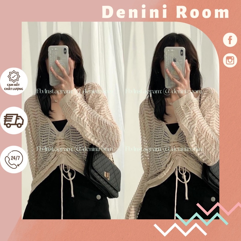 Áo croptop len mỏng lưới dây rút ngực tay dài nữ nhẹ nhàng Denini room