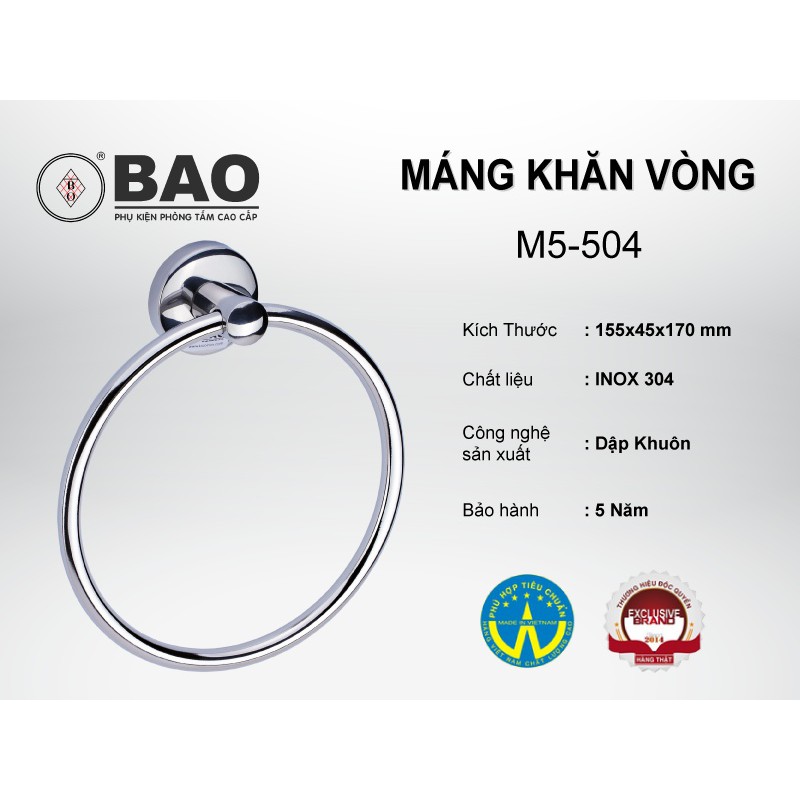 Vắt khăn vòng BAO M5-504 Inox304 trắng bạc, đơn giản và tinh tế