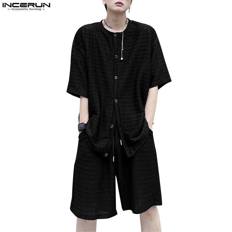Set trang phục INCERUN áo sơ mi tay ngắn cổ tròn và quần short baggy size S-5XL mặc thoải mái thời trang dành cho nam