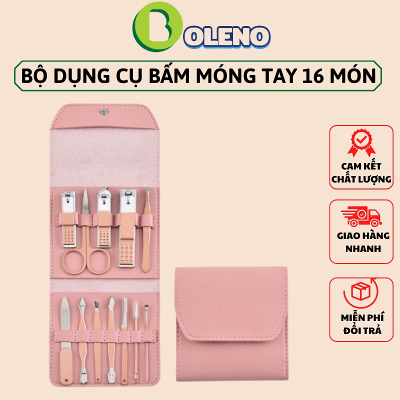 Bộ bấm kìm cắt móng tay, chân, 16 chi tiết màu hồng, chất liệu thép không gỉ kèm bao da đựng