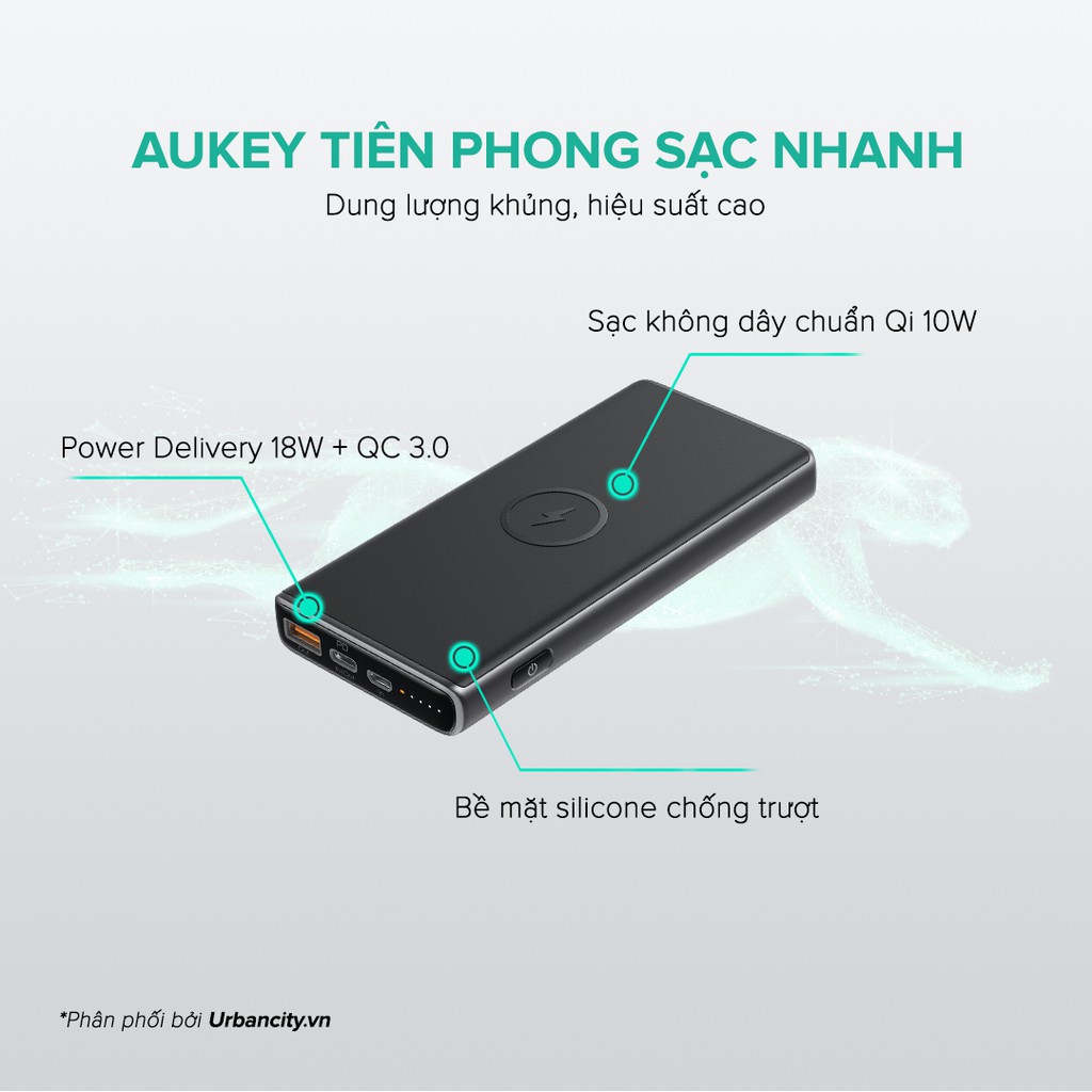 [Mã ELMALL300K giảm 5% đơn 500K] Pin Dự Phòng Kiêm Sạc Không Dây 10W AUKEY PB-Y32 10.000mAh, Sạc Nhanh PD 18W, QC 3.0