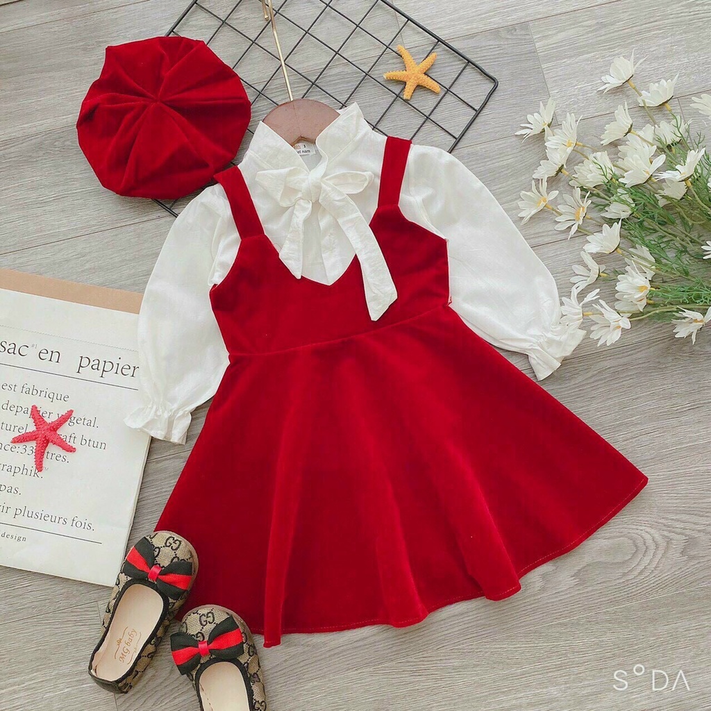Váy nhung đỏ cho bé gái, set 3ct yếm nhung đỏ kèm áo trắng cổ nơ và mũ nồi xinh xắn cho bé