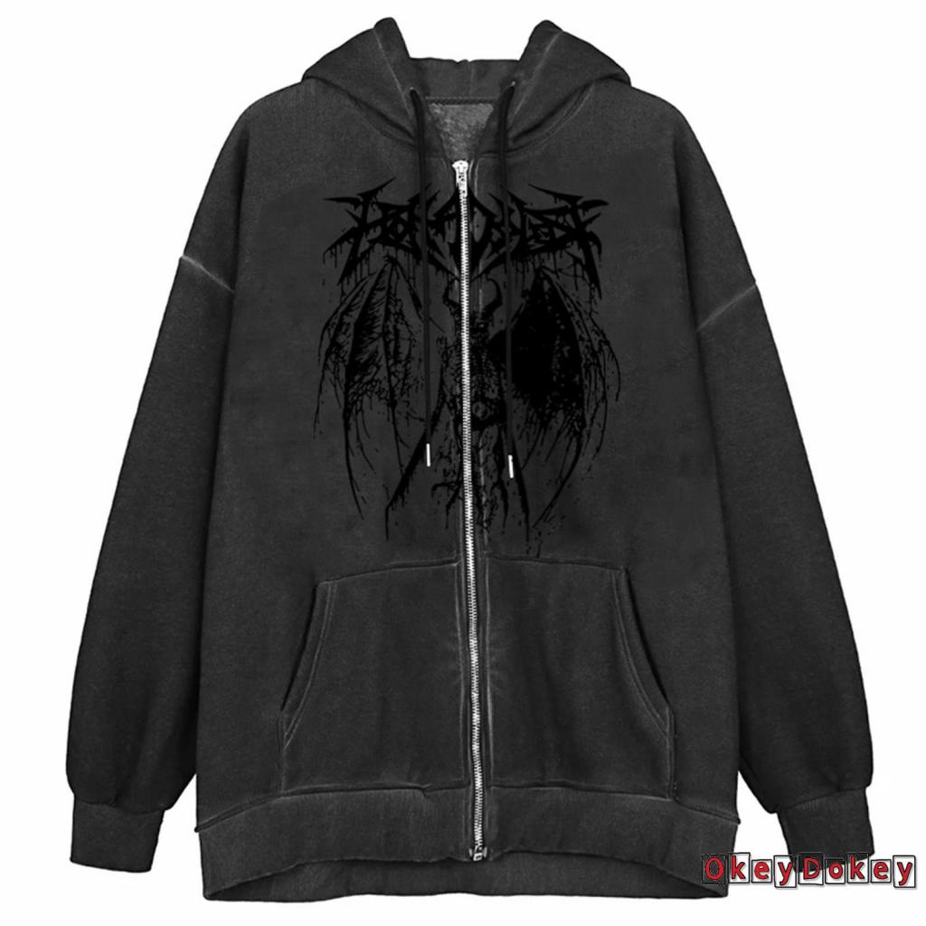 Áo Hoodie Tay Dài Có Khóa Kéo In Họa Tiết Quỷ Cổ Điển Y2K Dành Cho Nữ