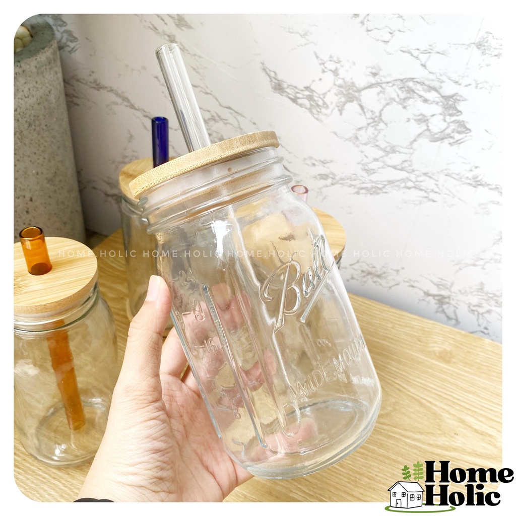 Bình Trà Sữa Thuỷ Tinh Nắp Gỗ Tre Có Ống Hút trân Châu Borosilicate 1000ml Homeholic