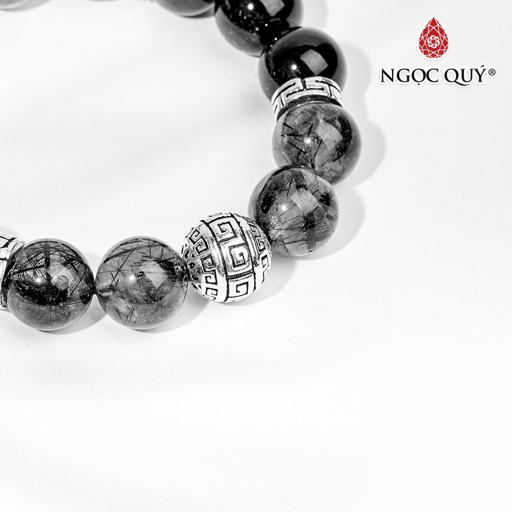 Vòng tay TA tóc đen charm cầu hạt 14mm - Ngọc Quý