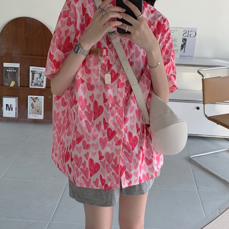 SUXI Áo sơ mi tay ngắn dáng rộng in thời trang mùa hè phong cách Hàn Quốc cho nữ