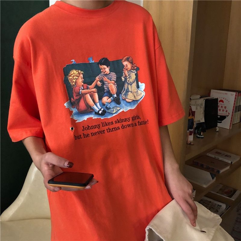 Áo thun tay ngắn cổ tròn dáng rộng in họa tiết phong cách mùa hè Hàn Quốc trẻ trung cho nữ