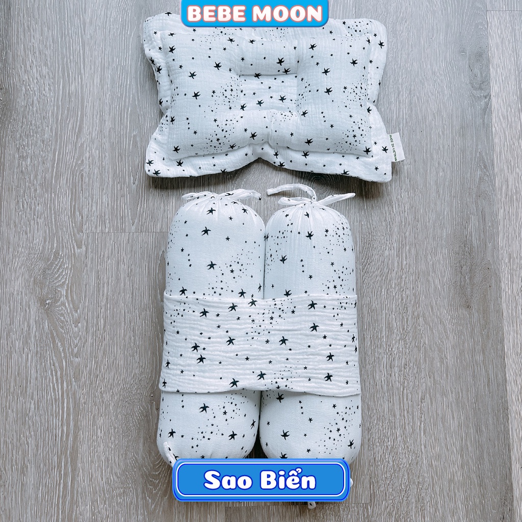 Gối Chặn, Gối Chống Lõm Đầu BeBe Moon chất liệu Vải Xô Muslin Oragnic, Ruột Bông Gòn 4D Không Sụp Lún