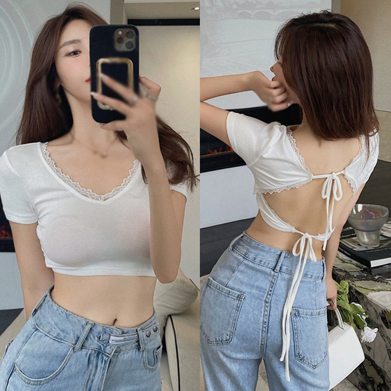 Áo Thun Tay Ngắn Cổ Chữ V Thiết Kế Hở Lưng Quyến Rũ Cho Nữ