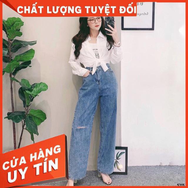 [hình thật] QUẦN JEANS ỐNG XUÔNG DÀI CẮT GỐI