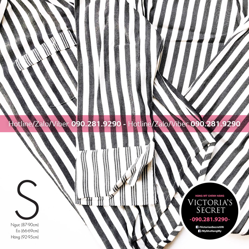 Size S - Bộ đồ ngủ dài Flannel sọc trắng đen, kiểu áo rộng thoải mái - Grey Stripe - Victoria's Secret