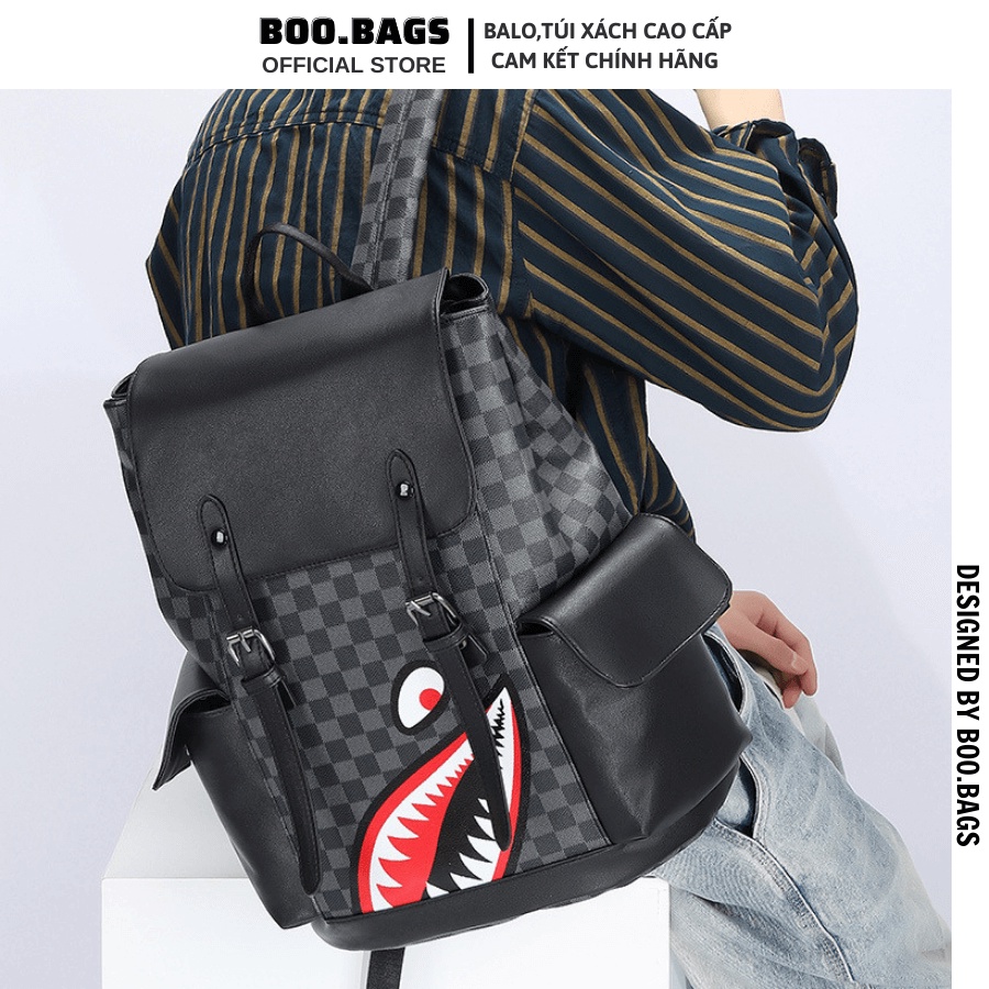 Balo Da Nam Chống Nước, Balo Da Cá Mập Nhiều Ngăn Phong Cách Hàn Quốc Unisex Cá Tính Boobags Boo-004