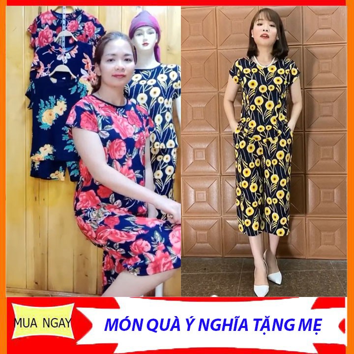 BỘ ĐỒ HOA TRUNG TUỔI CHẤT THUN TĂM QUẦN ỐNG RỘNG, CO GIÃN THOẢI MÁI free seri 45-75KG- htcbikini