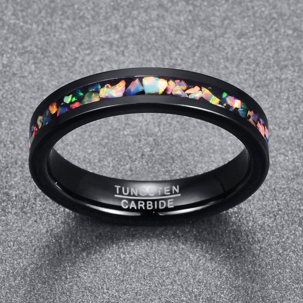 Nhẫn Cưới Màu Đen Đính Đá Opal Nhiều Màu 4mm Kích Thước Vừa Vặn Thoải Mái Cho Nam Và Nữ 5-12