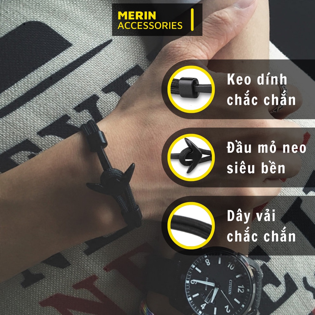 Vòng đeo tay nam mỏ neo unisex  Merin Accessories chất liệu vải đen tự điều chỉnh  - Vòng tay mỏ neo