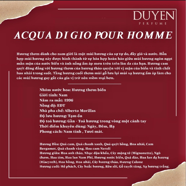 Nước Hoa mini 20ml Acqua Di Giò Pour Homme (Nam) | Thế Giới Skin Care
