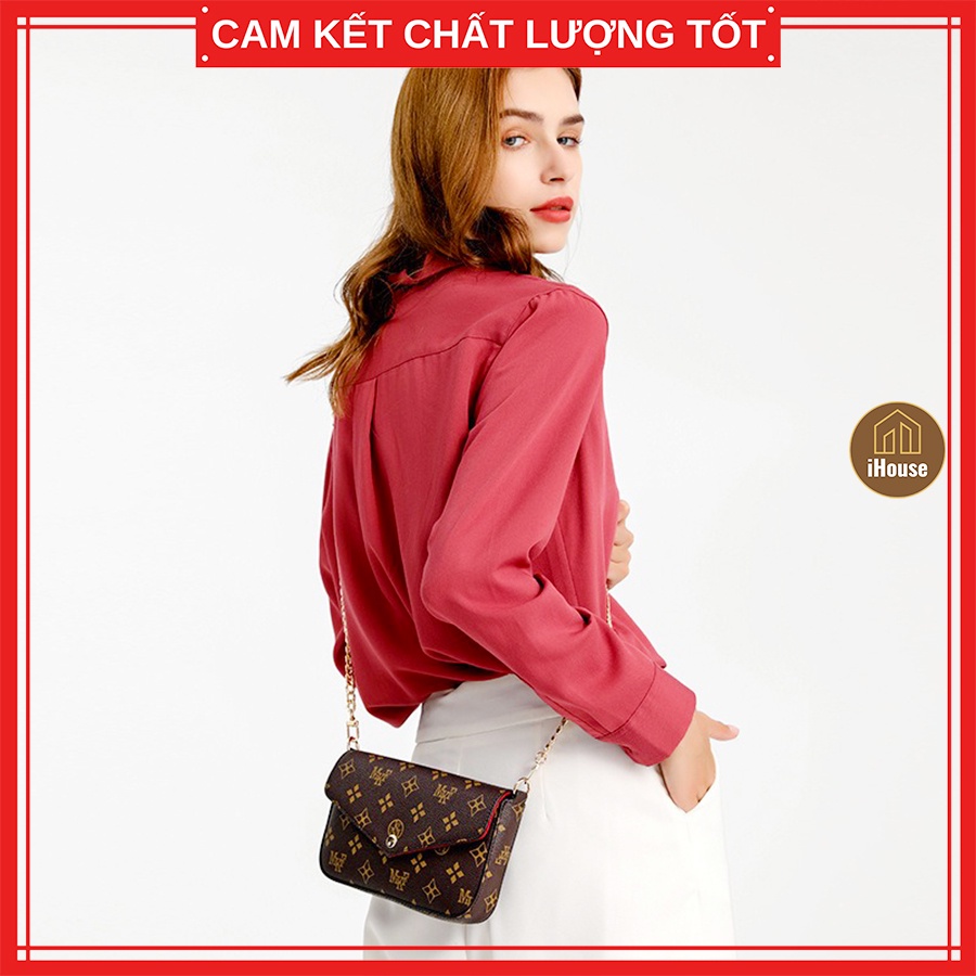 Ví da nữ đeo vai cao cấp, túi da nữ kèm dây đeo vai cao cấp họa tiết màu nâu L.V trẻ trung và sang trọng